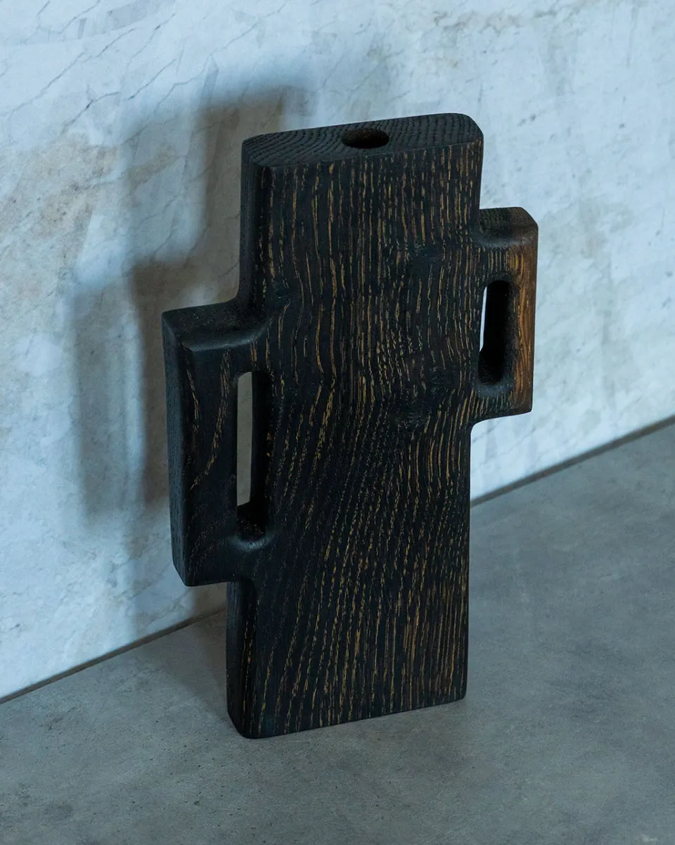 TA-DAAN Double Handles Asymetric Wood Vase